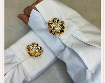 Cubrebotones blanco con 5 flores doradas | Gemelos | Cubrebotones con clip | Accesorios para botones | Joyas para botones | Regalo de Navidad | Regalo de boda