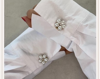 Cubrebotones de diamante con forma de flor de globo de perla | Gemelos | Cubrebotones con clip | Accesorios para botones | Joyas para botones | Botones de perla | Regalo de boda