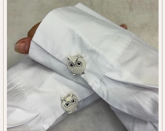 Cubrebotones de plata con forma de búho | Gemelos | Cubrebotones con clip | Accesorios para botones | Joyas para botones | Regalo de Navidad | Regalo de boda