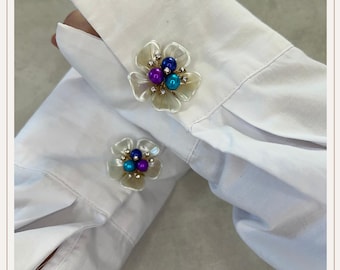 Funda para botón Pearl Flower 5 Aqua | Gemelos | Fundas para botones con clip | Accesorios para botones | Joyas para botones | Botones de perlas | Regalo de boda