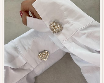 Cubrebotones con forma de corazón, burbujas y rosa perlada | Gemelos | Cubrebotones con clip | Accesorios para botones | Joyas para botones | Botones de perla | Regalo de boda