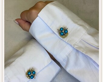 Pearl Aqua 3 Diamant Rose Button Cover | Cufflinks |Clip on Button Covers | Button accessories | Button Jewels | Pearl Buttons |Wedding Gift