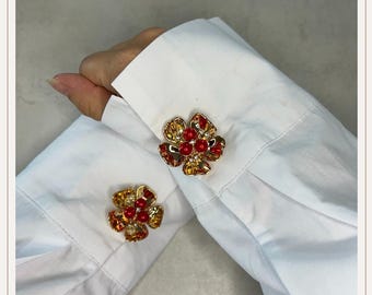 Cubrebotones rojo con 5 flores doradas | Gemelos | Cubrebotones con clip | Accesorios para botones | Joyas para botones | Regalo de Navidad | Regalo de boda