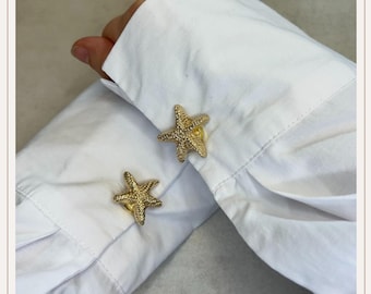 Cubrebotones mediano dorado con forma de estrella de mar | Gemelos | Cubrebotones con clip | Accesorios para botones | Joyas para botones | Botones de perla | Regalo de boda