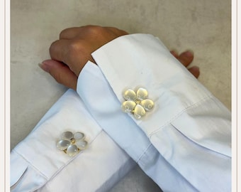 Cubrebotones blanco brillante Flower 5 | Gemelos | Cubrebotones con clip | Accesorios para botones | Joyas para botones | Regalo de Navidad | Regalo de boda