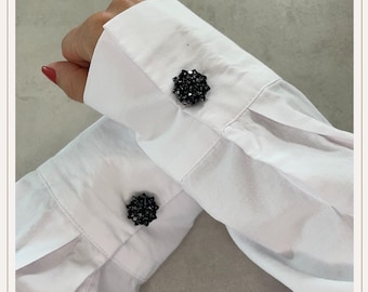 Cubrebotones redondos negros y plateados | Cubrebotones con clip | Accesorios para botones | Joyas para botones | Botones de perla | Regalo de boda