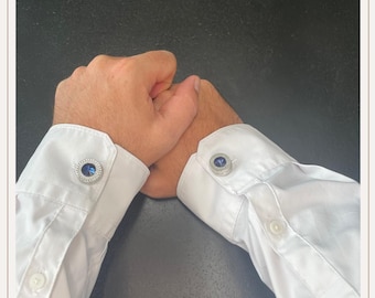 Cubrebotones azul con círculo de diamantes para hombre | Gemelos | Cubrebotones con clip | Accesorios para botones | Joyas para botones | Botones de perla | Regalo de boda