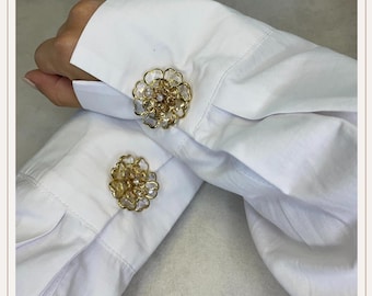 Cubrebotones transparente dorado con diseño de flores | Gemelos | Cubrebotones con clip | Accesorios | Joyas para botones | Botones de perla | Regalo de boda