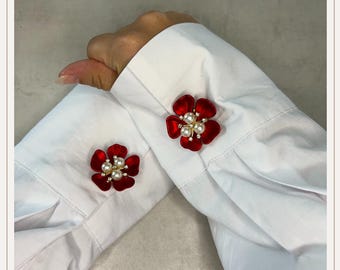 Cubrebotones blanco con 5 flores rojas | Gemelos | Cubrebotones con clip | Accesorios para botones | Joyas para botones | Regalo de Navidad | Regalo de boda