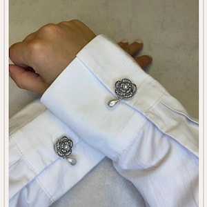 Flower Black Silver Pearldrop Button Cover | Cufflinks |Clip on Button Covers | accessories | Button Jewels | Pearl Buttons |Wedding Gift