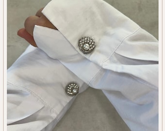 Funda para botón de plata con diamantes de concha | Gemelos | Fundas para botones con clip | Accesorios para botones | Joyas para botones | Botones de perlas | Regalo de boda