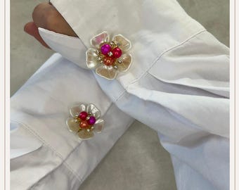 Funda para botón rosa con flor de perlas | Gemelos | Fundas para botones con clip | Accesorios para botones | Joyas para botones | Botones de perlas | Regalo de boda