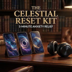 Könnte beinhalten: Das Celestial Reset Kit wird auf einem Holzschreibtisch präsentiert. Drei Smartphones mit Himmelsmotiven sind neben einem schwarzen Kopfhörer aufgestellt. Der Text lautet "THE CELESTIAL RESET KIT" und "5-MINUTE ANXIETY RELIEF".