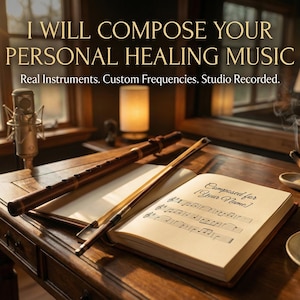 May include: A wooden desk with musical instruments and sheet music. The text reads "I WILL COMPOSE YOUR PERSONAL HEALING MUSIC". A microphone, flute, and a book with musical notes are visible. A cup of tea and incense are also present.