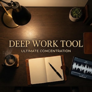 May include: A top-down view of a workspace with the text "DEEP WORK TOOL ULTIMATE CONCENTRATION". The scene includes a lit desk lamp, a cup of coffee, a notebook, a pen, a tablet, a mouse, and a small potted plant.