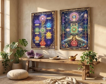 Conjunto de pôsteres grandes para impressão com o mapa do sistema sagrado dos chakras e da consciência.