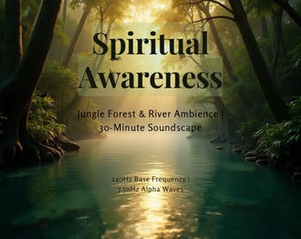 以下が含まれることがあります： 川が流れ込む霧のかかった森の風景。画像には「Spiritual Awareness」というテキストと、「Jungle Forest & River Ambience | 30-Minute Soundscape」と「240Hz Base Frequency | 7.50Hz Alpha Waves」というテキストが重ねられています。