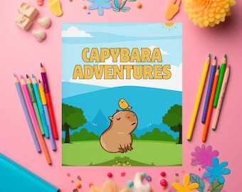 Può includere: Un'illustrazione colorata intitolata "CAPYBARA ADVENTURES" presenta un capibara dei cartoni animati con un uccellino sulla testa, ambientato su un paesaggio verde e cielo blu. L'immagine è circondata da matite colorate ed elementi decorativi su sfondo rosa.
