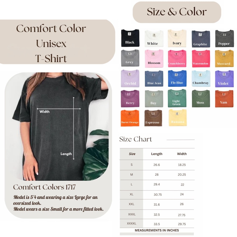May include: A Comfort Colors unisex t-shirt in a dark grey color. The image shows a size chart with measurements in inches and a color chart with various colors. The text on the image says "Comfort Colors 1717".
