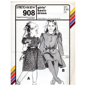 May include: Vintage sewing pattern for girls' basic dresses. The pattern, labeled 908, features illustrations of two dress designs. The cover includes text such as "STRETCH & SEW" and chest sizes. The suggested price is $2.50.