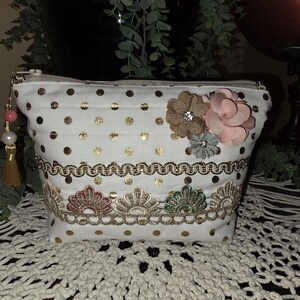 Gold Dots Cosmetics Make up Toiletries Multi-Use Handmade Fabric Bag - Ships Free