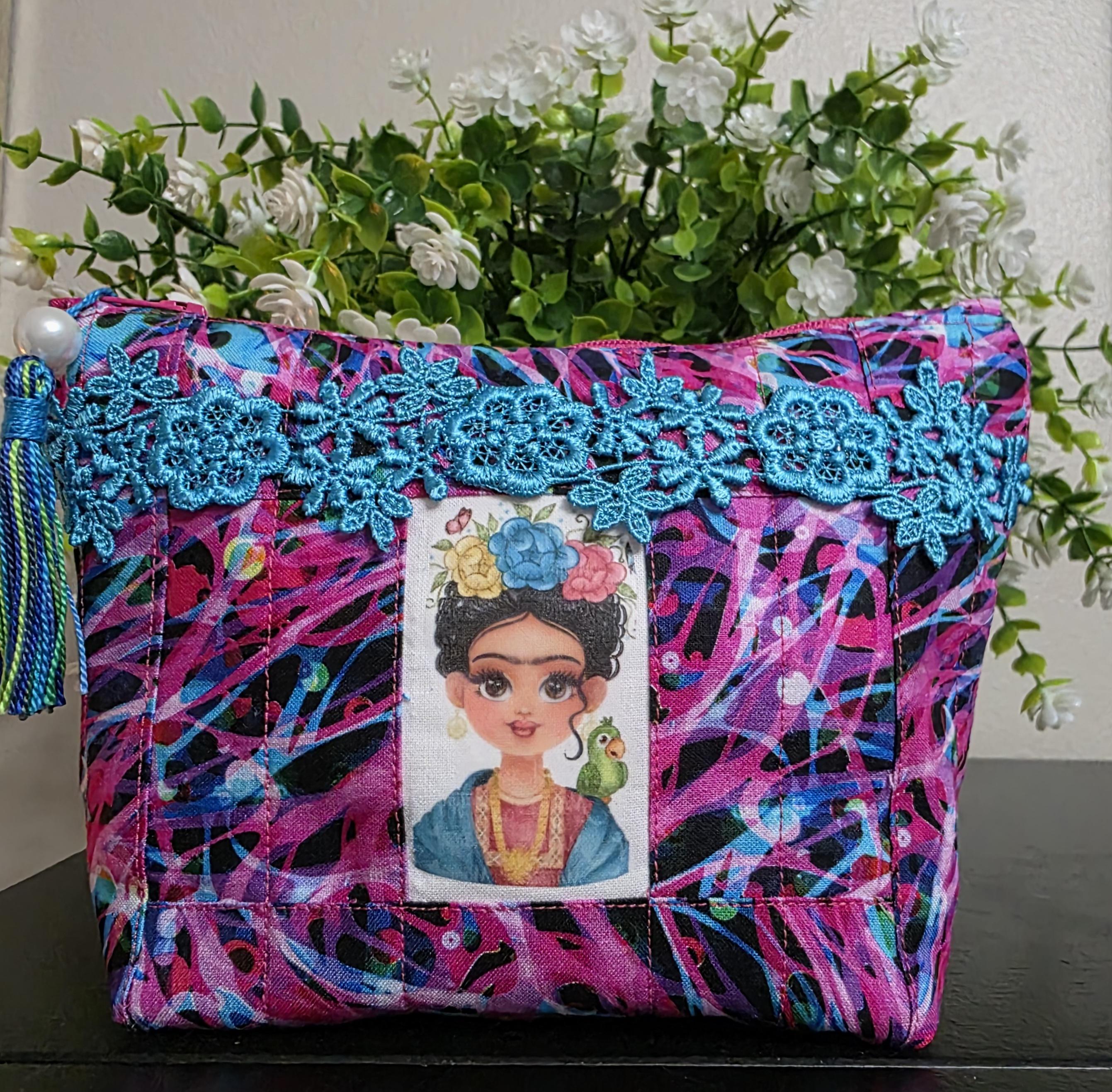 Colorful Frida-Inspired Embroidered Pouch - Bright Floral Design Introducing Frida, the perfect bag for those who love a  main image 3