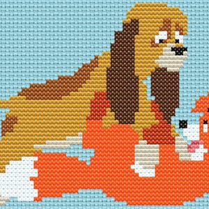Op de afbeelding: Kruissteekpatroon met een hond en een vos. De hond is bruin en bruingeel, de vos is oranje en wit. De achtergrond is lichtblauw. Het ontwerp is een speelse, cartoonachtige illustratie.