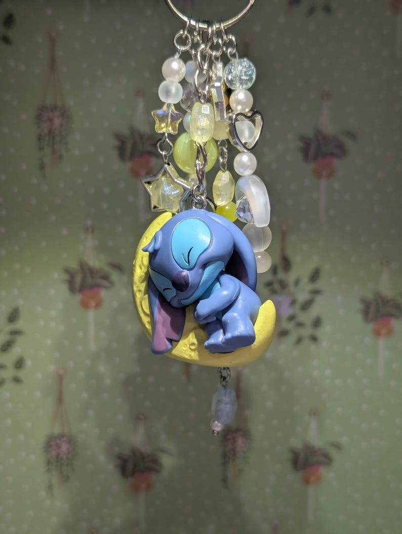Stitch on the Moon Keyring / Bag Charms (Extra Long) - Stitch & Angel Celestial Collection image 1