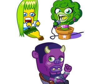 May include: A whimsical illustration featuring three cartoon characters. One is a yellow bottle with green hair, another is a green broccoli in a flower pot, and the third is a purple devil-like figure. All characters are depicted with exaggerated features and expressions.