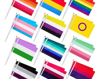Pode incluir: Uma coleção de pequenas bandeiras, cada uma com um design único que representa várias identidades LGBTQ+. As bandeiras são montadas em postes prateados com terminais dourados. As bandeiras exibem uma variedade de cores e padrões.