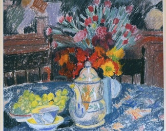 Original 20th century gouache of still life bright interior scene teapot on kitchen table, grapes, carnations vase, yellow chair at Lacoona