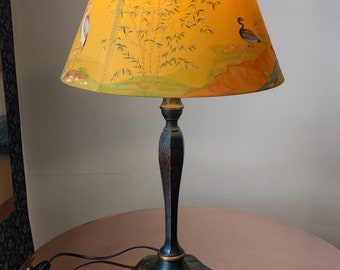 Chinoiserie lamp antique lacquer hand painted lampshade with ducks, stork, egret, willow, bulrushes and bamboo on river banks by Lacoona