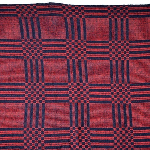 Mid century throw hand woven red black check coverlet reversible bedspread - vintage Eastern European textile rustic wall hanging upholstery
