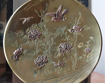 Antique Oriental mixed metal charger Japanese Meiji copper and brass bird dragonfly peony Aesthetic Movement wall hanging plate at Lacoona