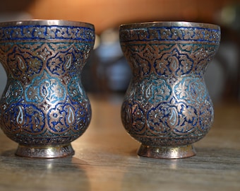 Antique Kashmir pair of vases/19th century Indo-Persian/Islamic enamelled copper/ Kashmiri blue enamel gilt wash