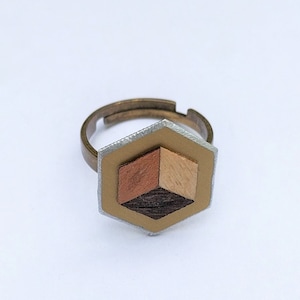 Hand made modernist Art Deco marquetry ring hexagon adjustable size parquetry wood inlay geometric
