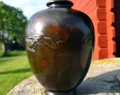 Yoshimasa bronze vase Meiji metalwork Japanese antique 19th to early 20th century Japan red flecks bronze patina bird in flight clouds