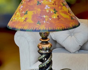 Lacoona Indian Summer - vintage Indian Kashmiri lacquer lamp, custom painted lamp shade of Victorian/Aesthetic Movement inspiration