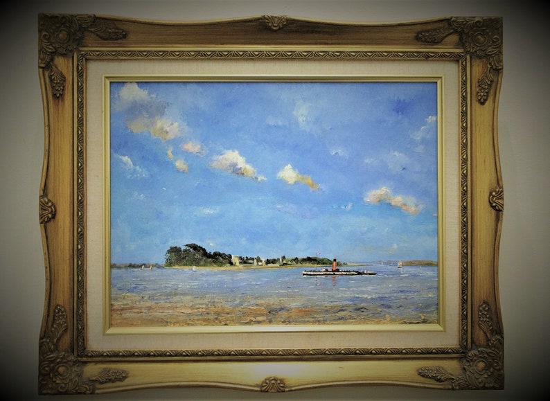 Framed oil painting nautical landscape/ seaside scene/ boat trip/ summer island/ sunny beach/ original artwork by British artist at Lacoona image 5