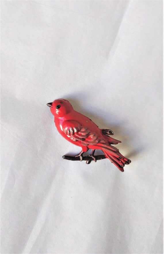 Rare antique red bird brooch - Victorian enameled 