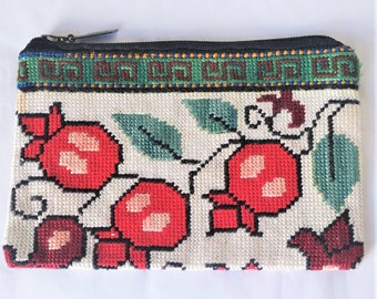 Folk embroidery clutch bag peasant ethnic Balkan - red rose hips or pomegranate and Greek key motif hand embroidered - essentials purse