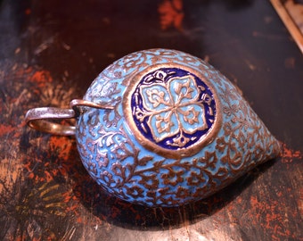 Antique Kashmir enamel on copper lamp/19th century Indo Persian oil lamp/incised copper snake handle cobra/Islamic copper lamp candle holder