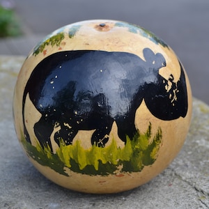 Vintage gourd hand painted with rhinos African decor