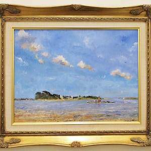 Framed oil painting nautical landscape/ seaside scene/ boat trip/ summer island/ sunny beach/ original artwork by British artist at Lacoona image 1