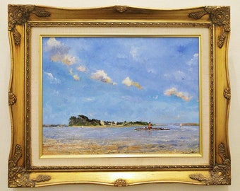 Framed oil painting nautical landscape/ seaside scene/ boat trip/ summer island/ sunny beach/ original artwork by British artist at Lacoona