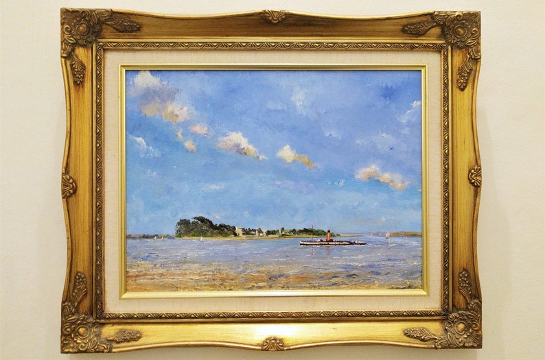 Framed oil painting nautical landscape/ seaside scene/ boat trip/ summer island/ sunny beach/ original artwork by British artist at Lacoona image 1