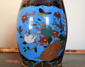 Late Meiji barrel cloisonne vase - Japanese antique enamel pot - blue Oriental cloisonne vase - flowers birds foliage cloisonne planter