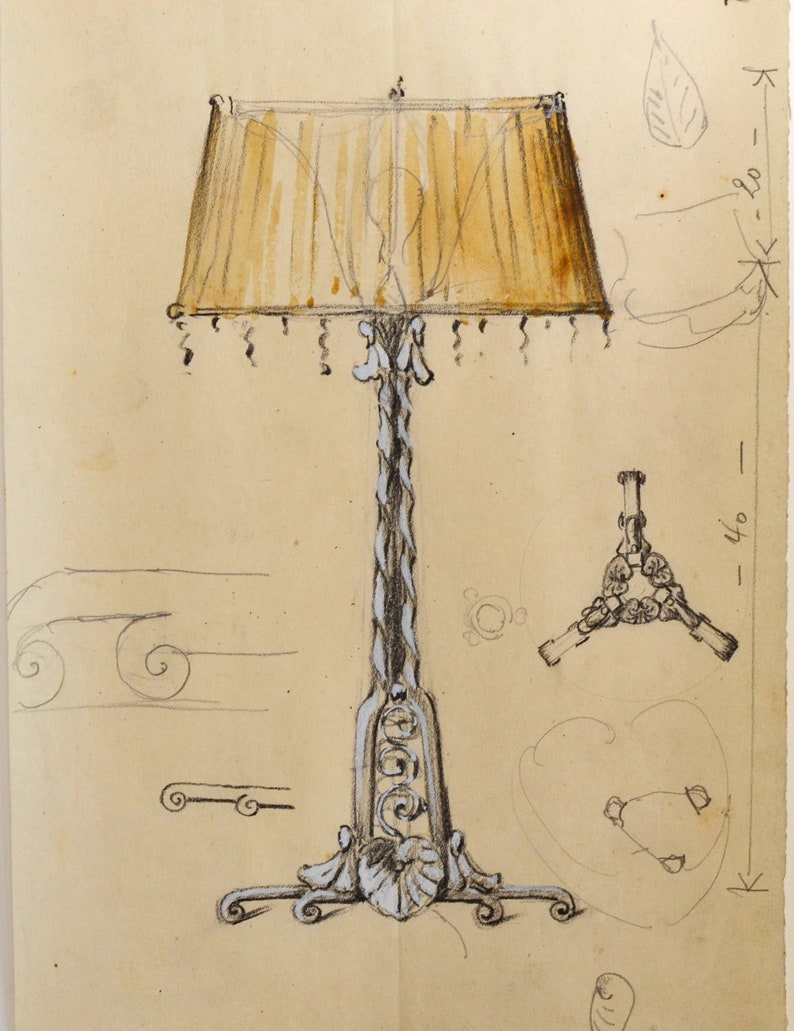 1920's pencil sketch of lamp and shade drawing no 9 of 10 potfolio