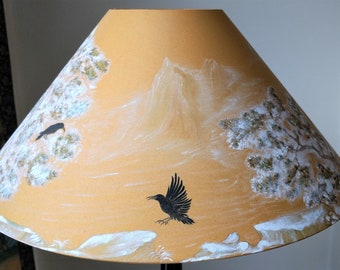 Chinoiserie  hand painted coolie lampshade with ravens, snow and pines winter scene mountain landscape by Lacoona