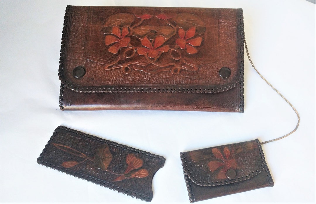 Antique Art Nouveau Tooled Leather Clutch Bag Coin Purse Comb - Etsy